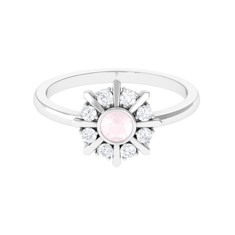 0.50 CT Real Rose Quartz Statement Ring with Diamond Stones