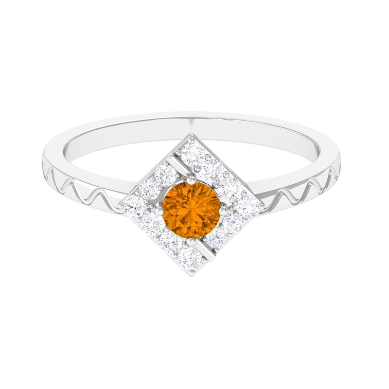 0.50 CT Round Shape Citrine Minimal Textured Ring with Diamond