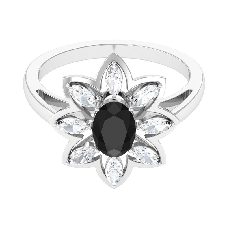 1.25 Ct Oval Black Onyx Flower Cocktail Ring with Moissanite