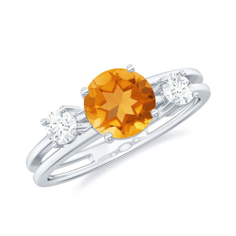 1 CT Real Citrine Double Band Ring with Diamond Stones