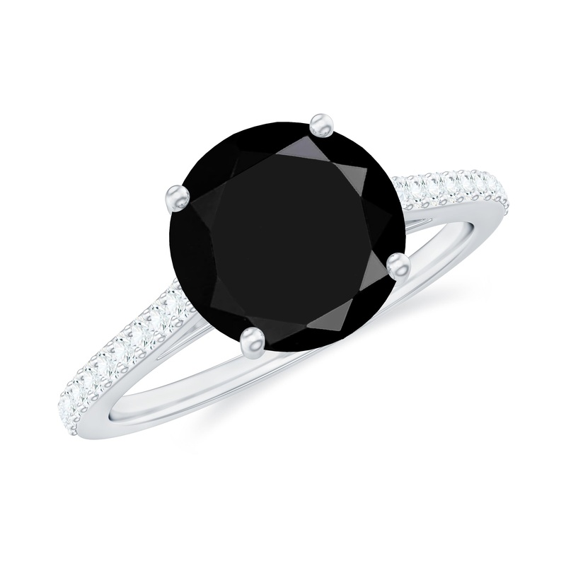 Real Black Onyx Solitaire Engagement Ring with Diamond