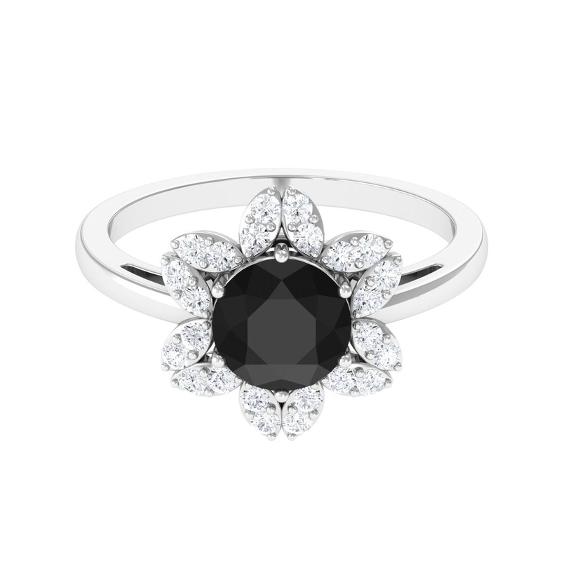 Round Black Onyx Flower Engagement Ring with Diamond