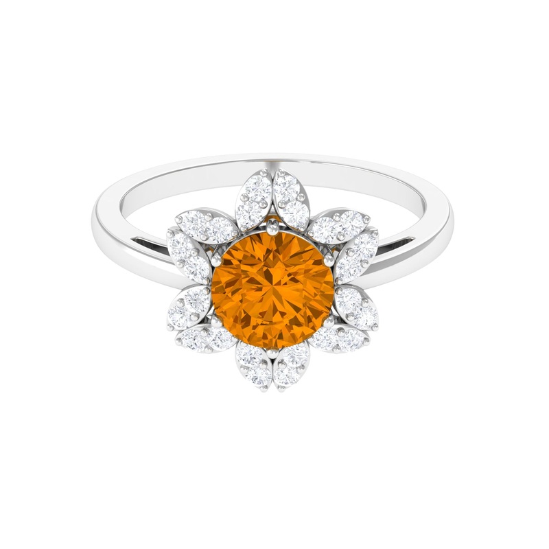 Round Shape Citrine Flower Ring with Diamond Halo