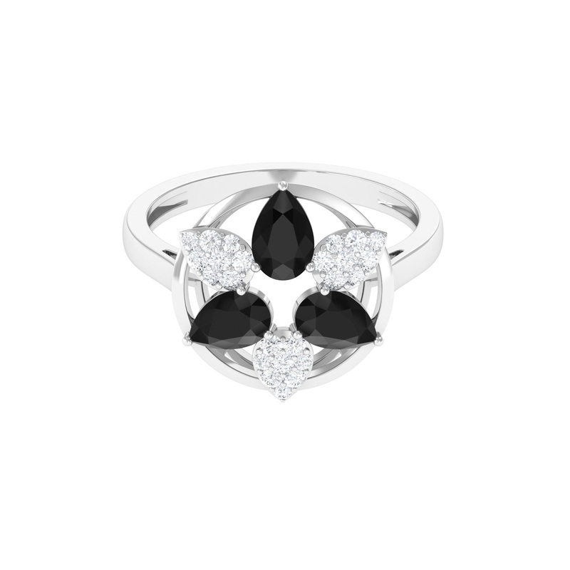 1.25 CT Black Spinel and Diamond Flower Cocktail Ring