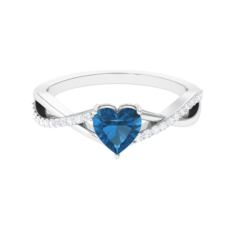 1.25 CT Heart Shape London Blue Topaz Crossover Ring with Diamond