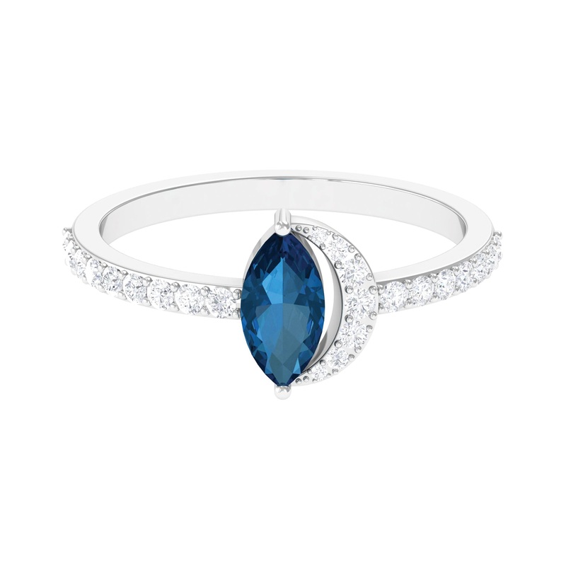 1.25 CT Marquise London Blue Topaz Minimal Ring with Diamond