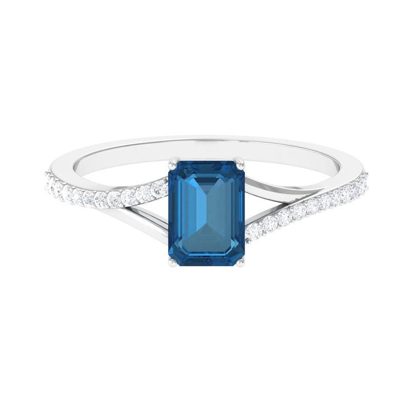 1.25 CT Split Shank London Blue Topaz Solitaire Ring with Diamond