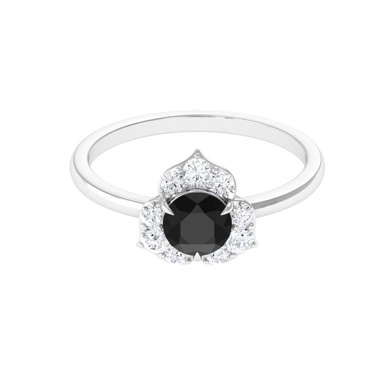 1 CT Black Spinel and Diamond Flower Engagement Ring