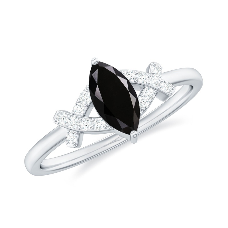 1 CT Marquise Cut Black Spinel and Diamond Minimal Ring