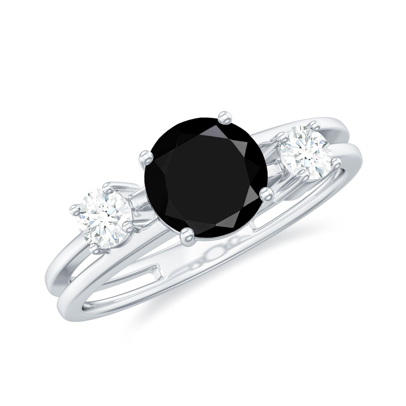 1 CT Solitaire Black Spinel Three Stone Ring with Diamond