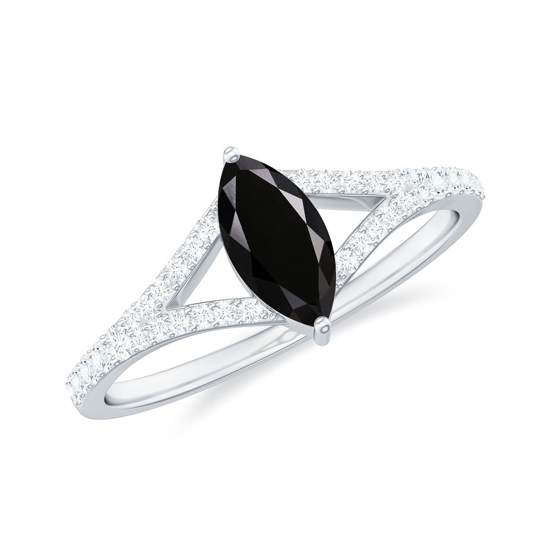 1 CT Split Shank Marquise Cut Black Spinel and Diamond Ring