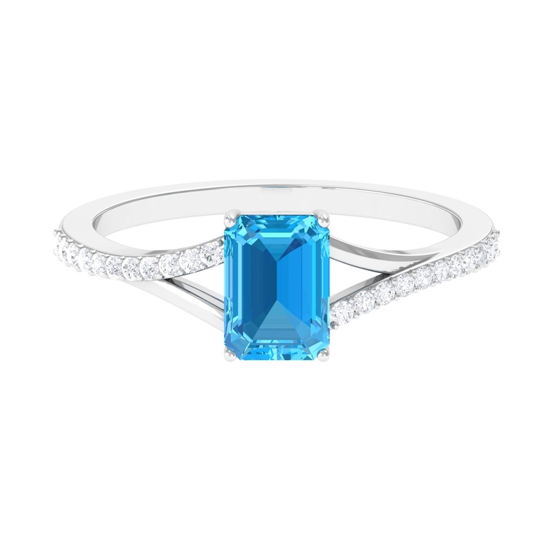 Real Swiss Blue Topaz Solitaire Ring with Diamond Accent