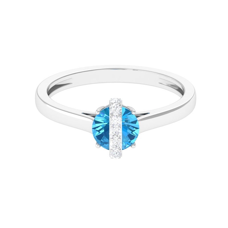 Real Swiss Blue Topaz Solitaire Ring with Diamond Stones