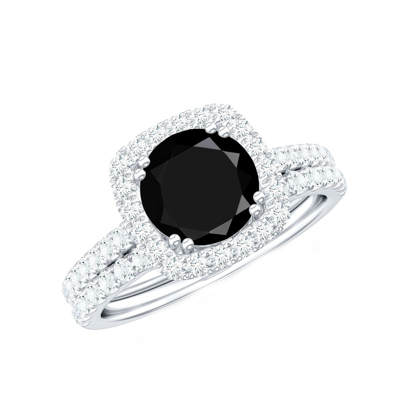Round Black Spinel Classic Ring Set with Moissanite