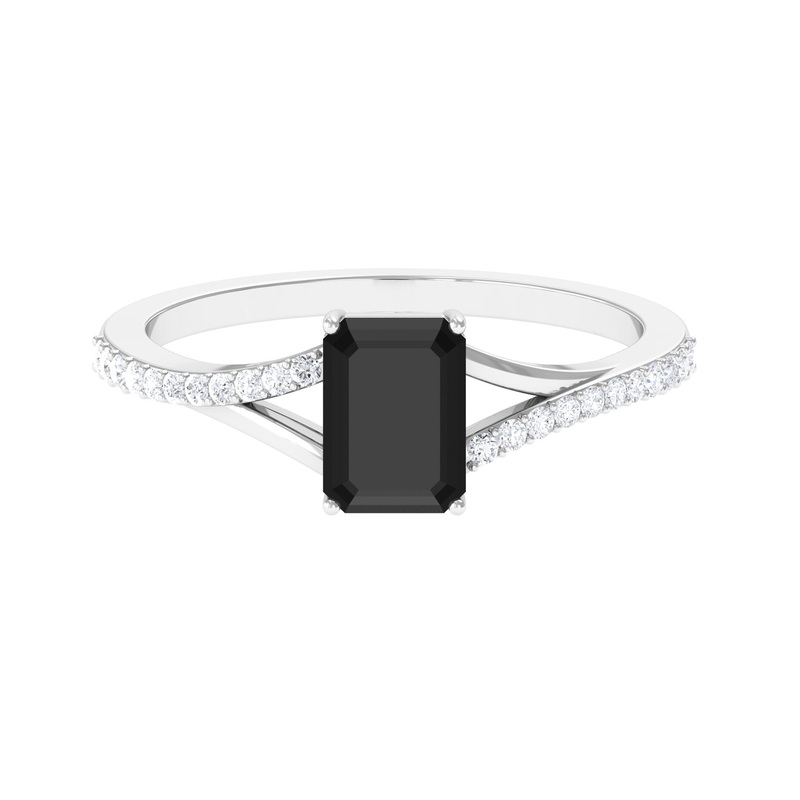 Split Shank Octagon Cut Solitaire Black Spinel and Diamond Ring