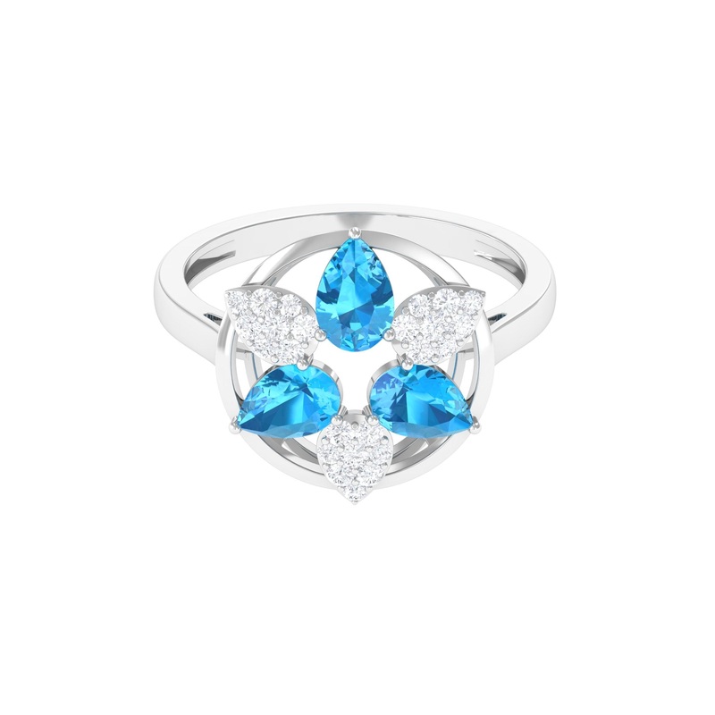 Swiss Blue Topaz Floral Cocktail Ring with Diamond