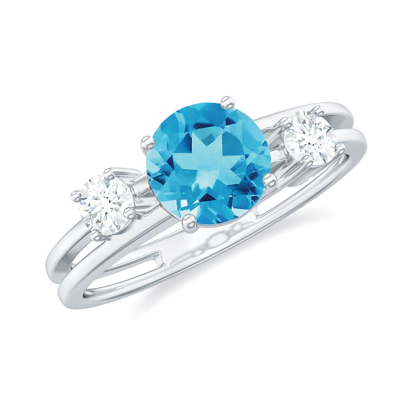Swiss Blue Topaz Solitaire Double Band Ring with Diamond