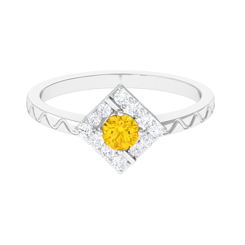 Yellow Sapphire Minimal Textured Shank Ring with Diamond Halo