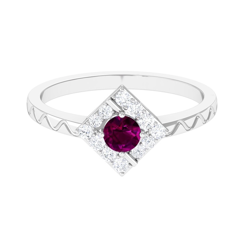 0.75 CT Natural Rhodolite Textured Ring with Diamond Stones