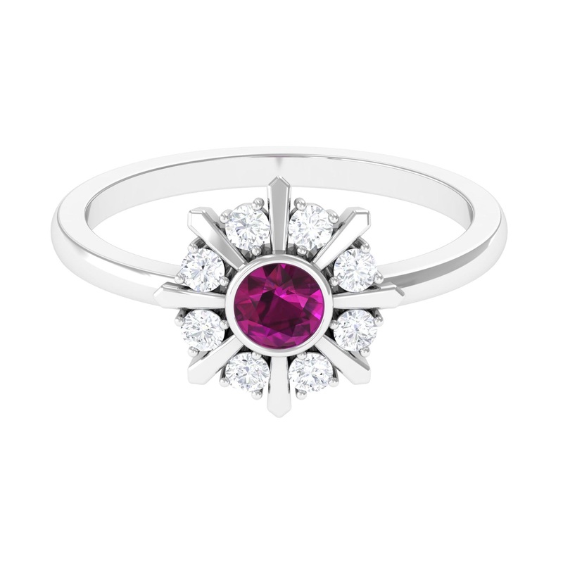 0.75 CT Real Rhodolite Statement Ring with Diamond Stones