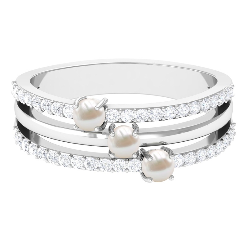 1 CT Freshwater Pearl and Diamond Three Row Band Ring