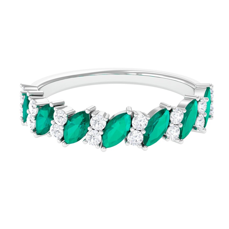 Real Emerald and Diamond Half Eternity Ring in Prong Setting