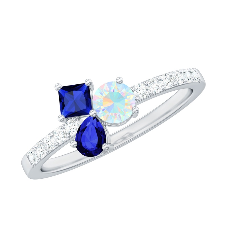 Real Ethiopian Opal and Created Blue Sapphire Cluster Promise Ring with Moissanite