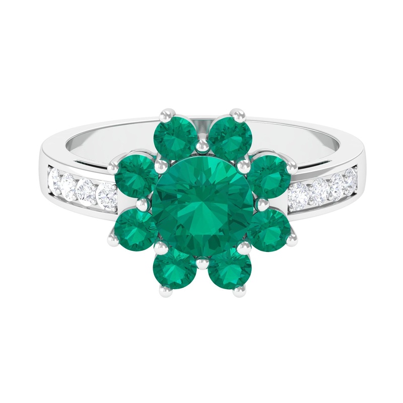 Round Shape Created Emerald Cluster Engagement Ring with Moissanite