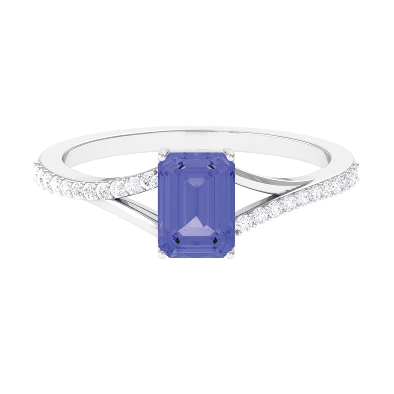 Split Shank Emerald Cut Solitaire Tanzanite Ring with Diamond