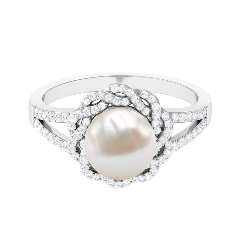 Split Shank Freshwater Pearl and Diamond Braided Statement Ring