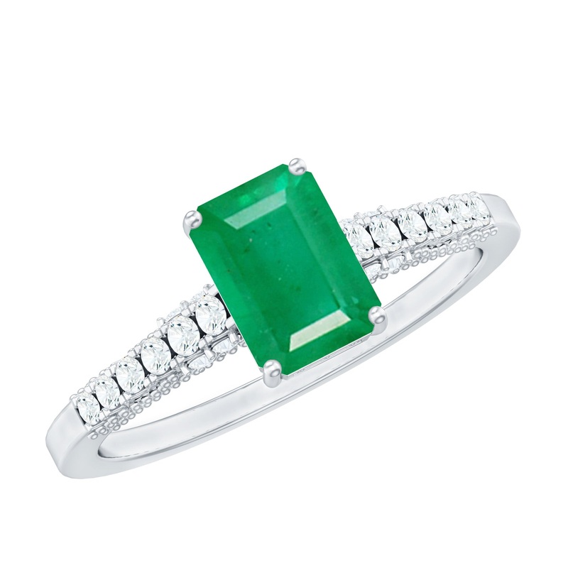 Real Emerald Solitaire Engagement Ring with Diamond Side Stones