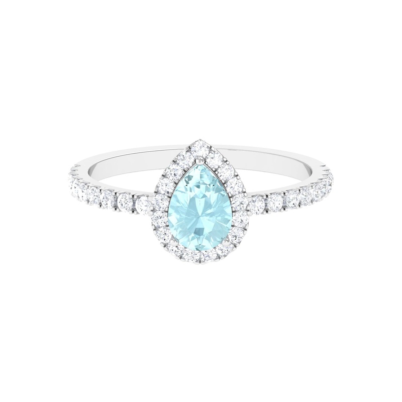 Real Sky Blue Topaz Teardrop Ring with Diamond Halo