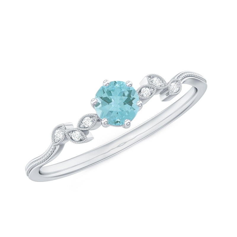 Sky Blue Topaz and Diamond Leaf Promise Ring with Milgrain