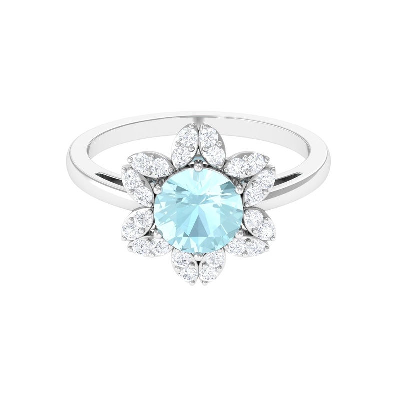 Sky Blue Topaz Flower Ring with Diamond Halo