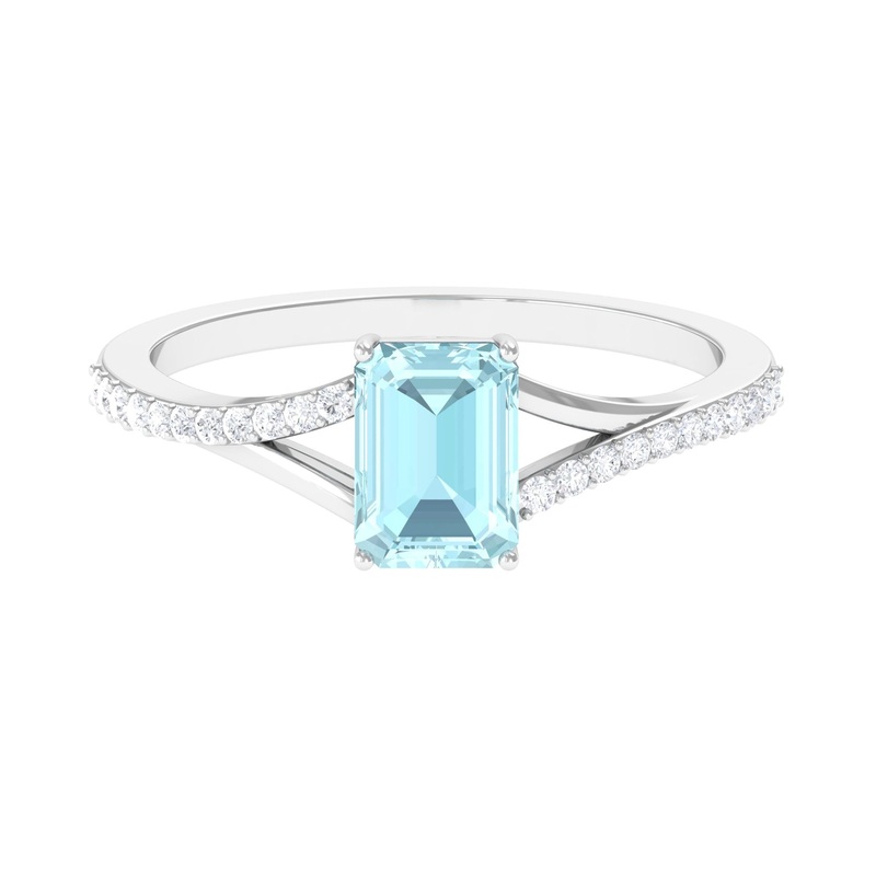 Split Shank Emerald Cut Shape Solitaire Sky Blue Topaz and Diamond Ring