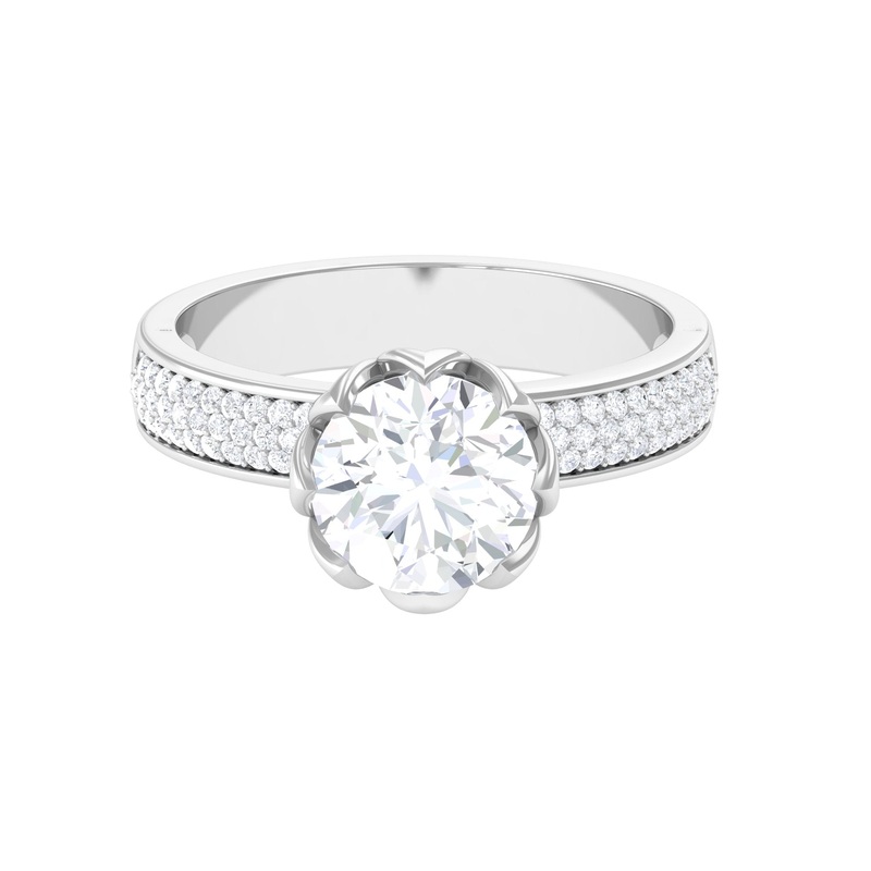 White Moissanite Round Cut Solitaire Ring with Side Stones