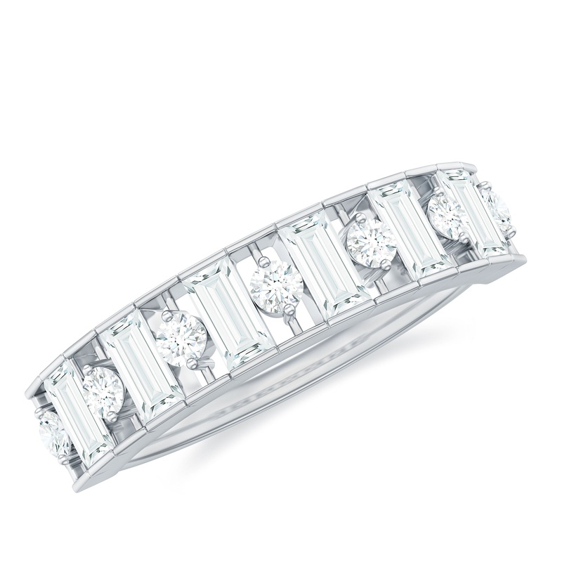 1.25 CT Classic Baguette and Round Cut Moissanite Half Eternity Band Ring