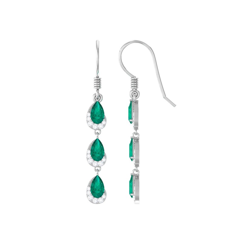 1.50 CT Pear Cut Emerald Dangle Earrings with Diamond