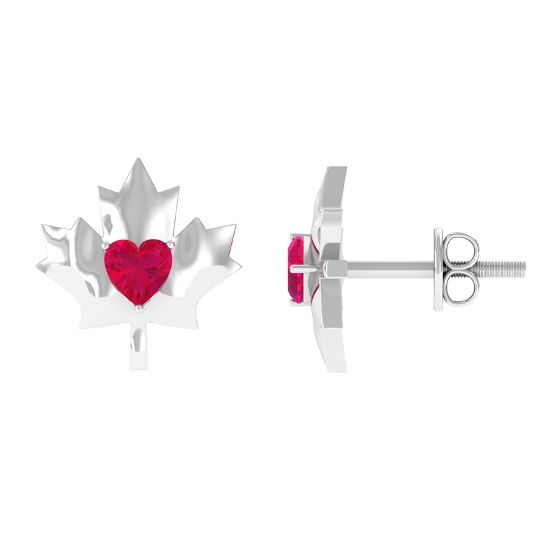 1 CT Maple Leaf Stud Earrings with Heart Shaped Ruby