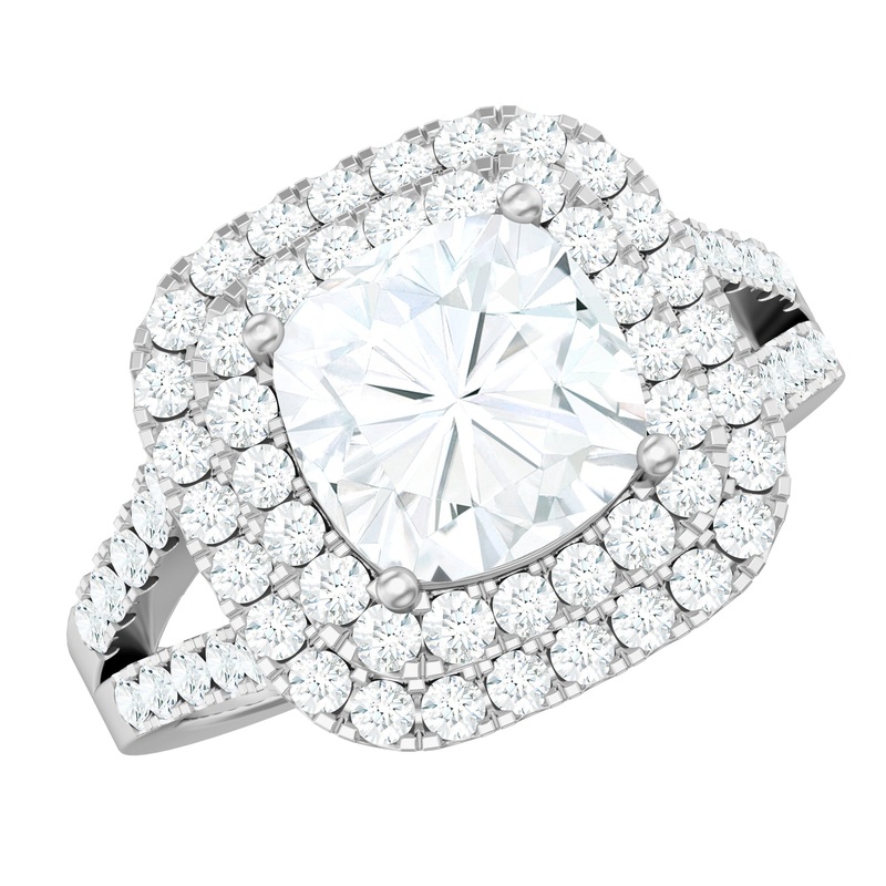 Vintage Style Cubic Zirconia Double Halo Engagement Ring with Split Shank
