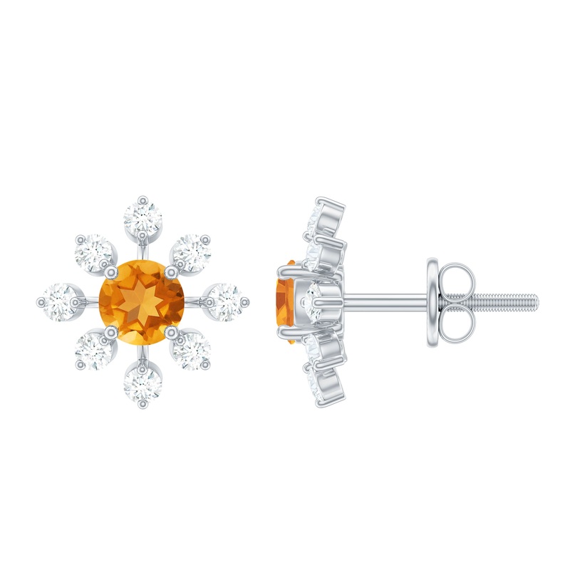 1.5 CT Yellow Citrine and Moissanite Flower Stud Earrings in Gold
