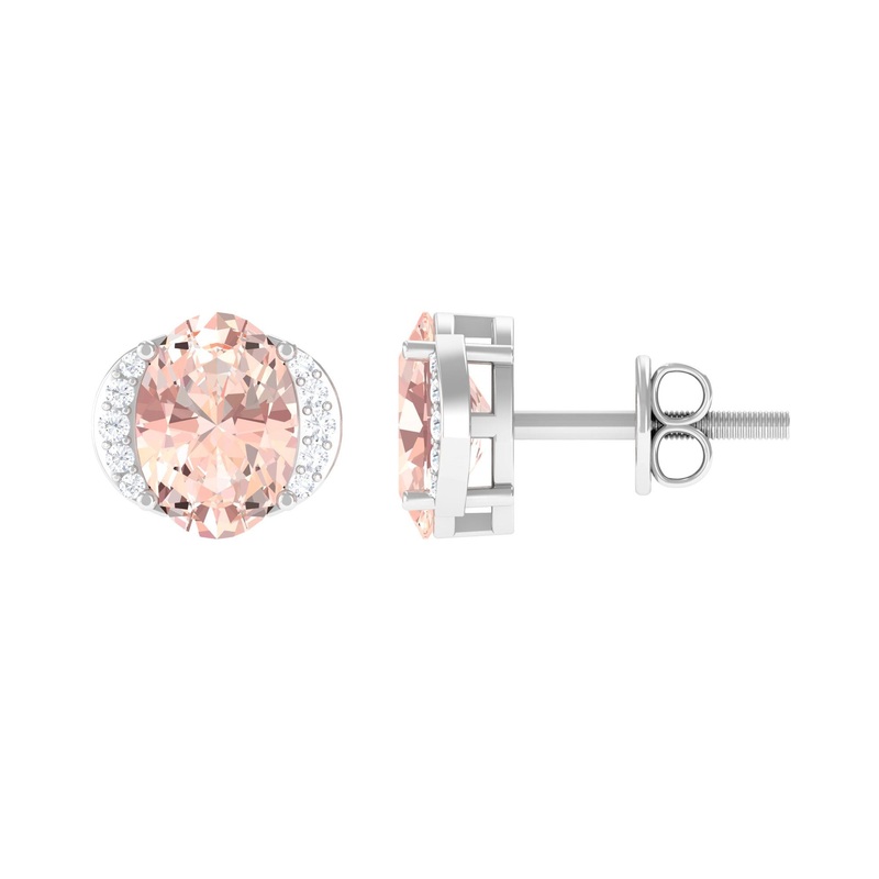 1.50 CT Oval Morganite Stud Earrings with Diamond Accent