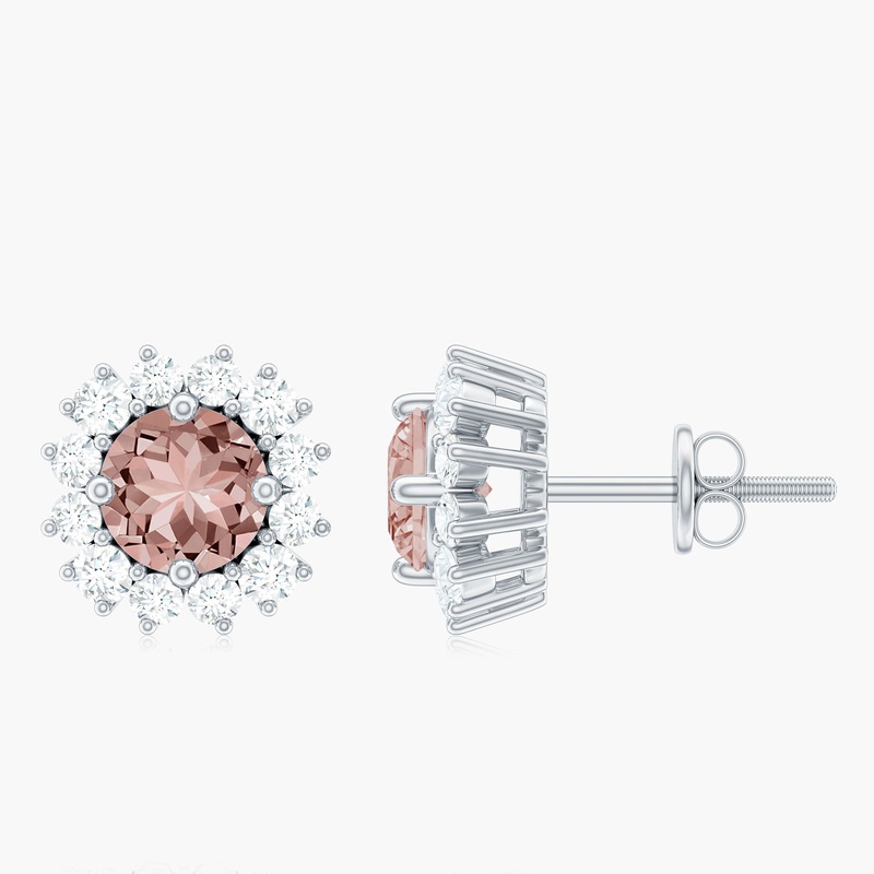 1 CT Morganite and Diamond Halo Stud Earrings