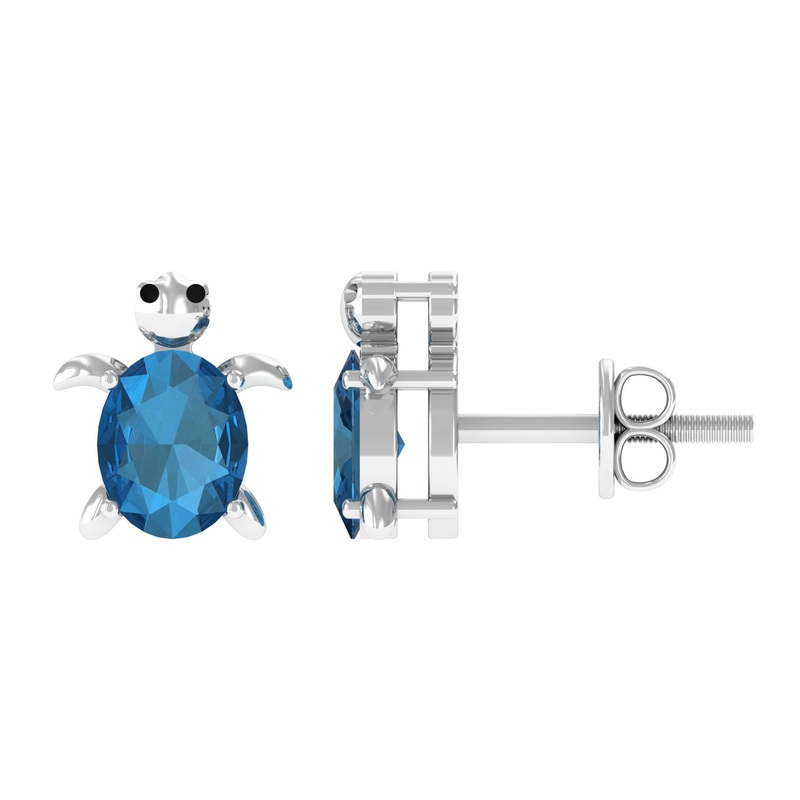1 CT Oval Cut London Blue Topaz Solitaire Turtle Stud Earrings