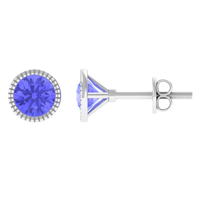 1 CT Round Cut Natural Tanzanite Solitaire Stud Earring in Bezel Setting