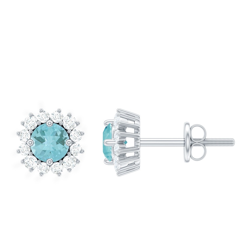 1 CT Sky Blue Topaz and Diamond Classic Halo Stud Earrings