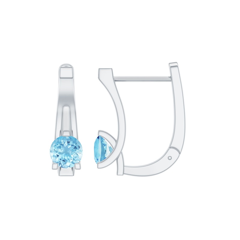 Simple Aquamarine Solitaire Gold Hoop Earring with Lever Back Closure