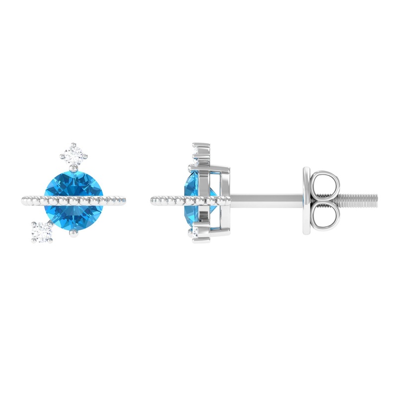 Swiss Blue Topaz Celestial Stud Earrings with Diamond Stones