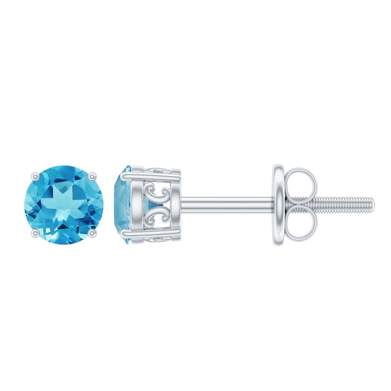 Swiss Blue Topaz Solitaire Stud Earrings in 4 Prong Setting