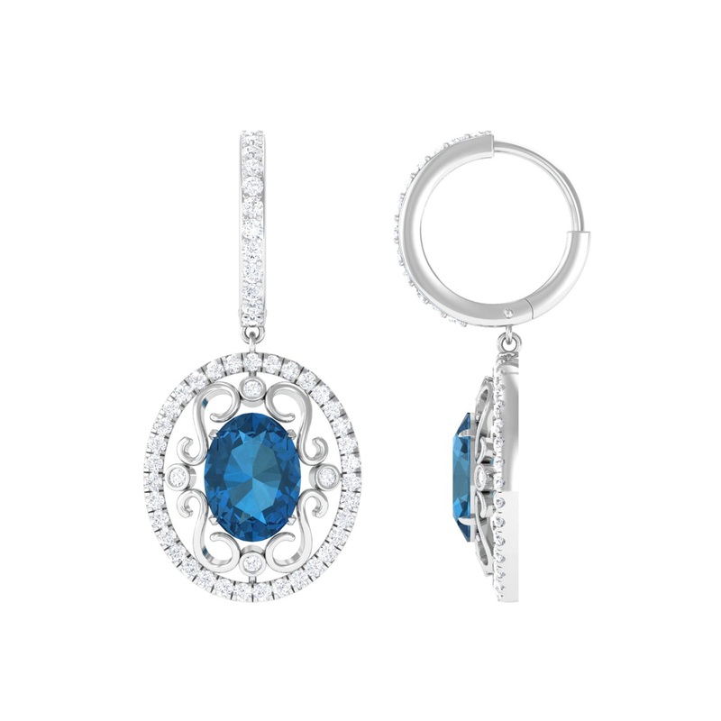 Vintage Style London Blue Topaz Hoop Drop Earrings with Diamond